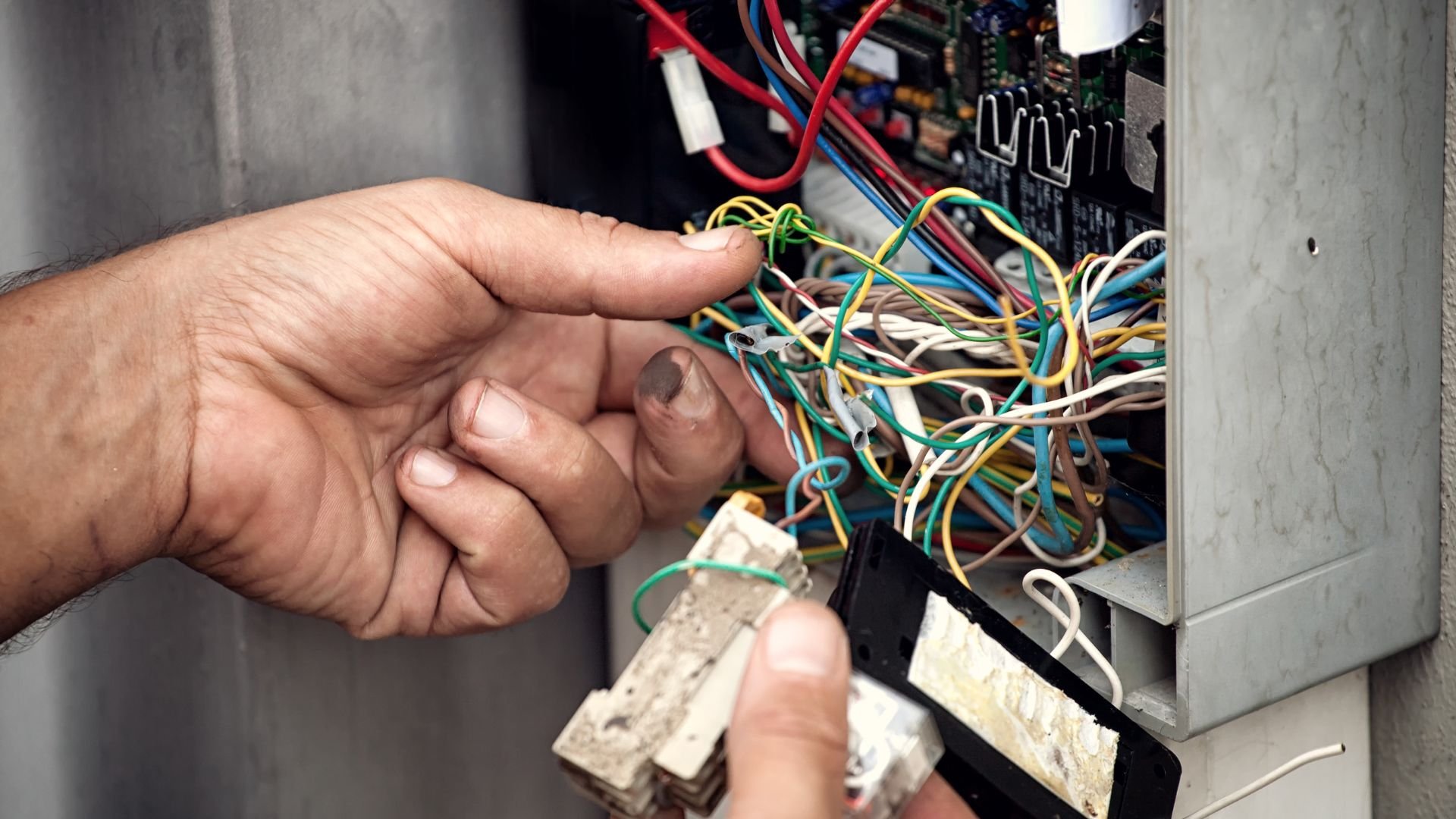 Hands working on complex electrical wiring with multicolored cables