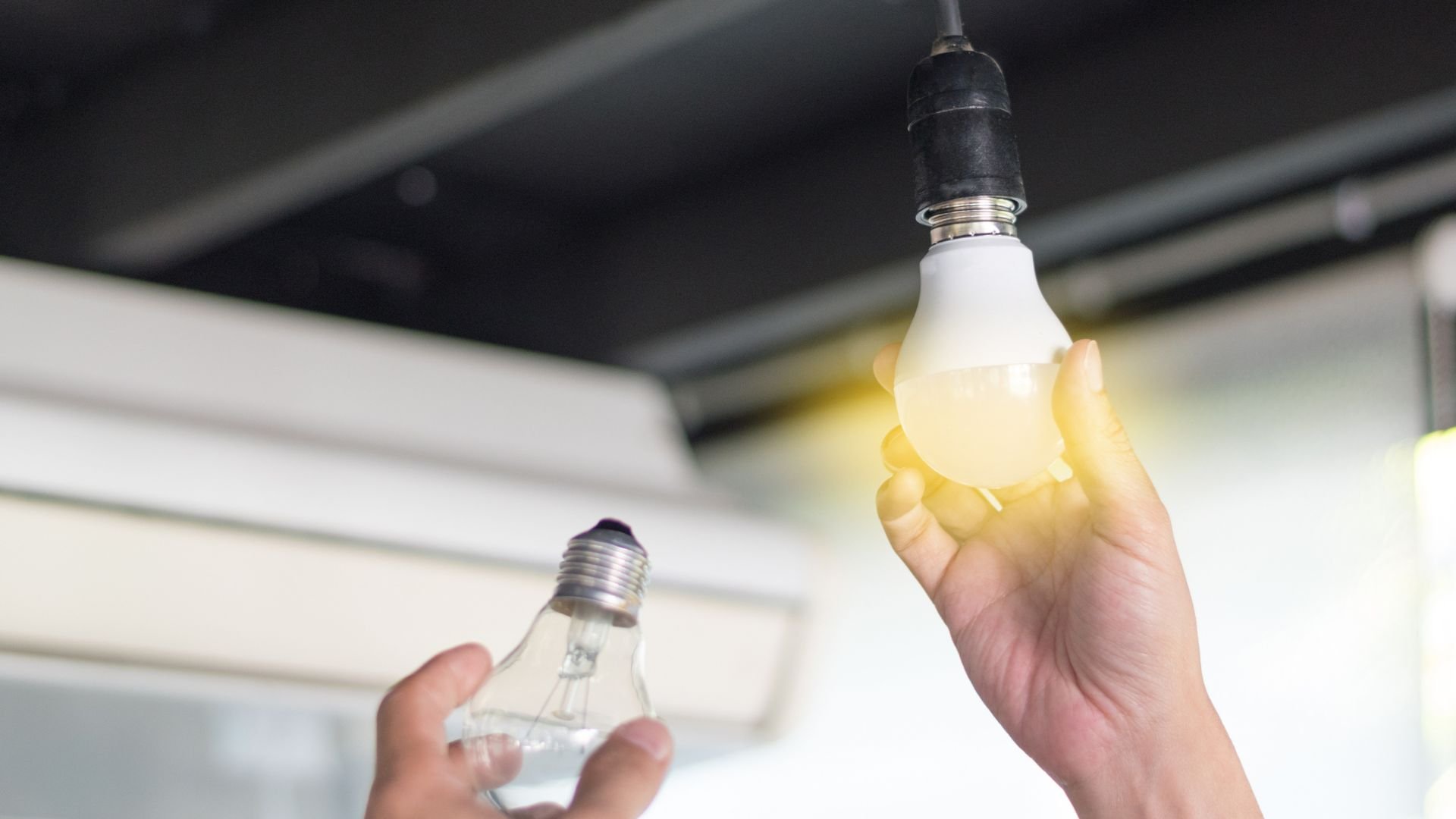 Hand changing old light bulb with energy-efficient LED bulb